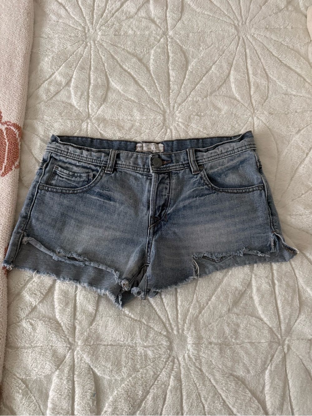 Free People Distressed Mid-Blue Denim Cutoff Shorts